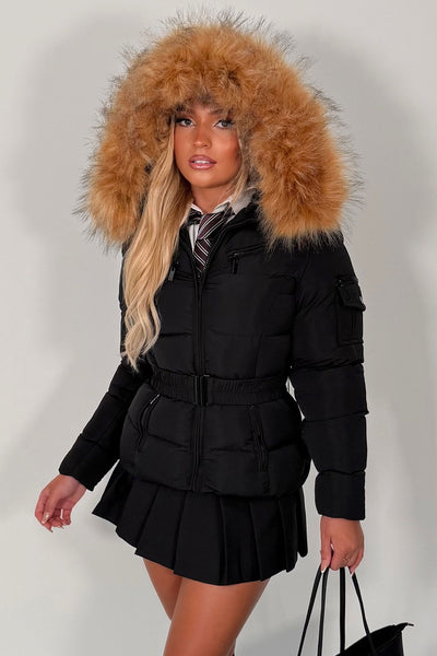 womens black puffer jacket with faux fur hood best winter jacket uk styledup 