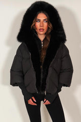 womens fur hood and trim puffer jacket black styledup 
