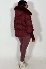 womens fur hood and trim puffer jacket burgundy styledup 