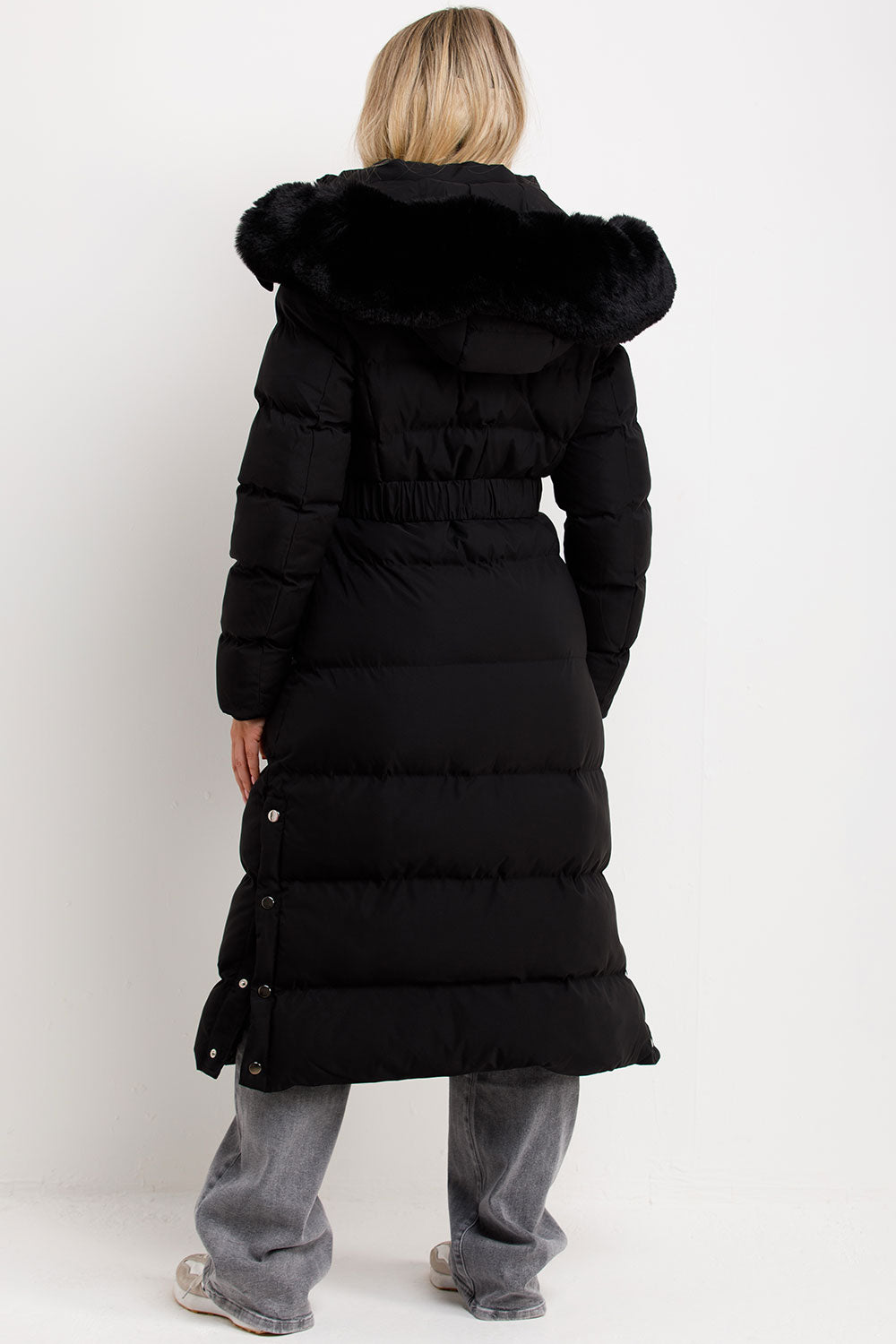 womens long black coat with belt faux fur hood styledup 