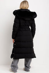 womens long black coat with belt faux fur hood styledup 