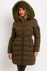 faux fur hood longline winter coat with belt