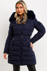 faux fur hood longline winter coat with belt