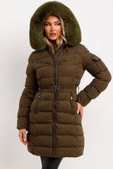 womens fur hood winter coat with belt styledup