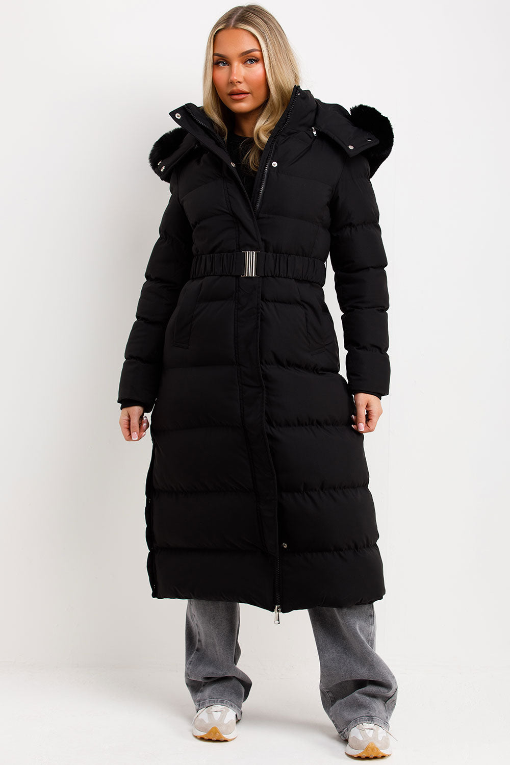 womens long padded puffer coat with fur hood black 