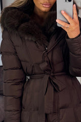 womens taupe padded puffer winter coat with fur hood styledup uk