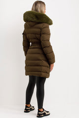 womens long puffer padded coat with faux fur hood and belt
