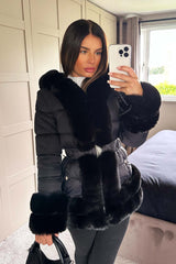 faux fur trim hooded puffer coat with belt