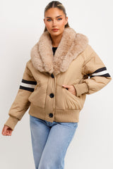 faux fur trim bomber aviator jacket beige