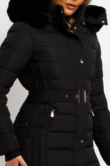 padded puffer winter coat with belt fur hood