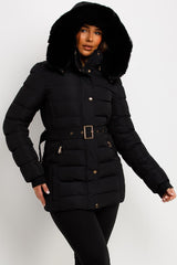 womens fur hood winter coat with belt black 