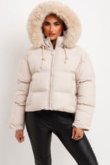 womens faux fur hood padded puffer jacket for winter