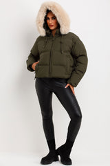 womens faux fur hood padded puffer jacket for winter