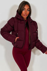 womens burgundy puffer padded hooded jacket zara uk