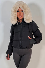 womens puffer jacket with faux fur hood winter outerwear charcoal grey styledup fashion