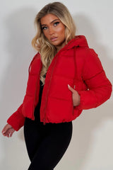 womens red puffer jacket with hood styledup uk