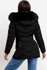 black puffer padded coat with belt and hood styled up womens jackets and coats