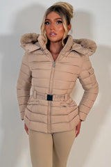 womens hooded padded puffer jacket for winter with faux fur hood styledup uk