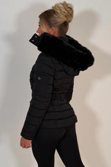 womens faux fur hooded puffer jacket with belt for winter styledup uk