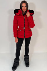 womens hooded padded puffer jacket with waist belt for winter styledup uk