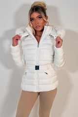 womens faux fur hooded puffer jacket with belt for winter styledup uk