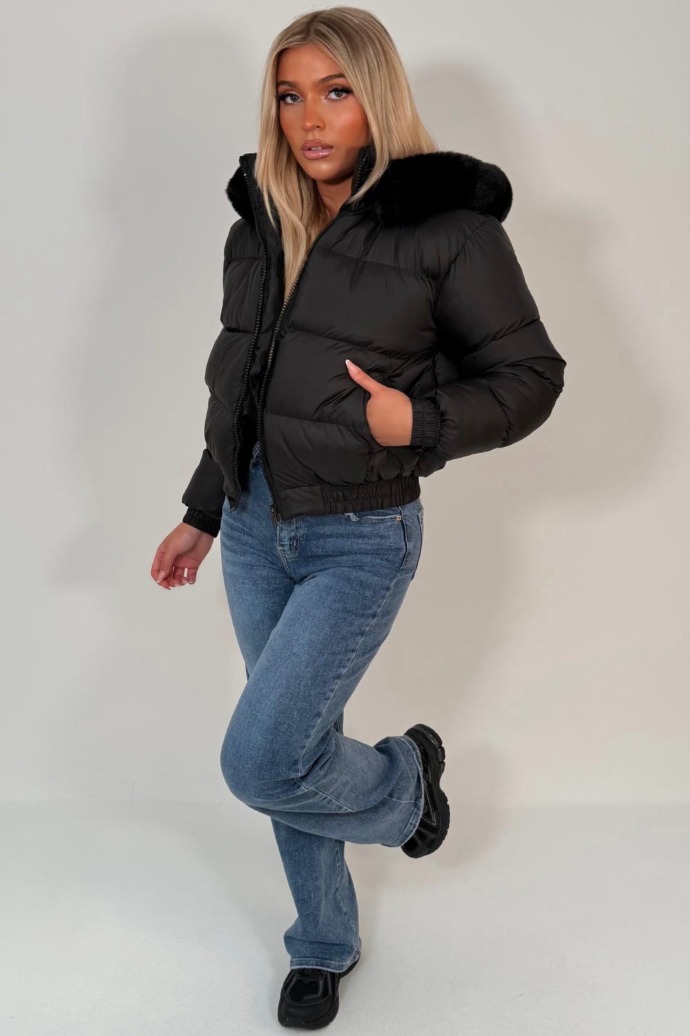 womens black padded puffer winter jacket with fur hood styledup uk