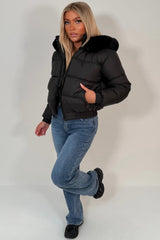 womens black padded puffer winter jacket with fur hood styledup uk