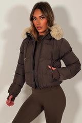 womens brown puffer padded jacket with fur hood for winter zara uk