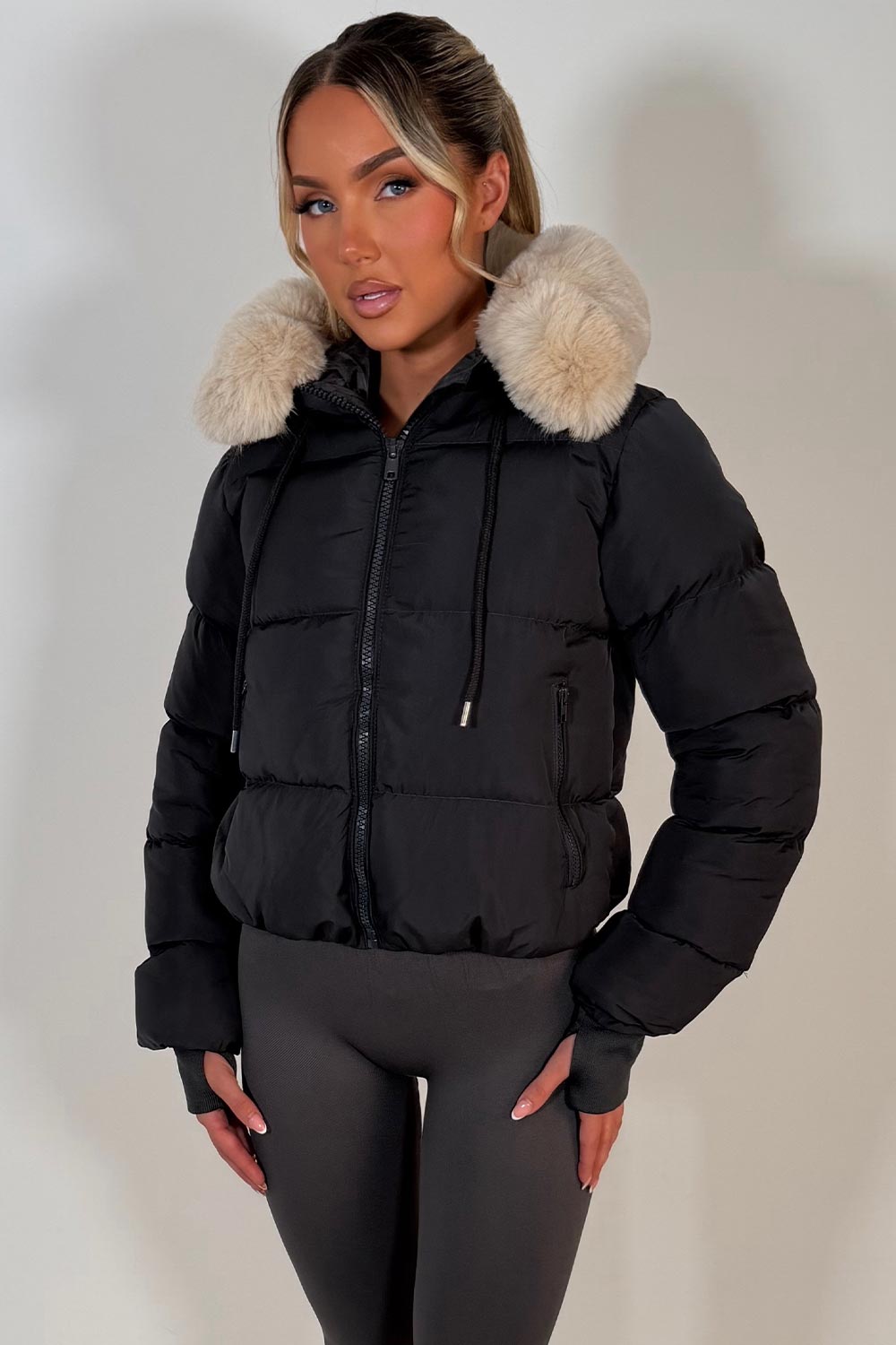 cropped puffer jacket with fur hood womens winter outerwear