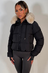 cropped puffer jacket with fur hood womens winter outerwear