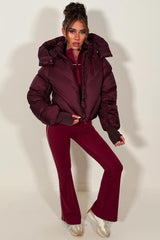womens puffer padded puffer crop jacket with hood burgundy styledup outerwear 