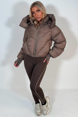 womens puffer padded quilted crop jacket taupe styledup 