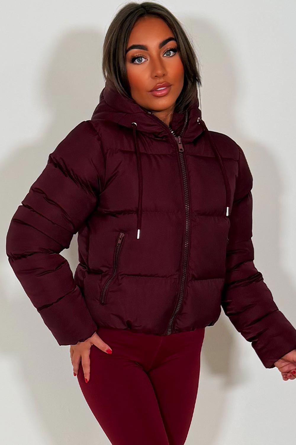 womens burgundy puffer jacket with hood styledup