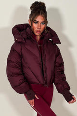 winter puffer jacket with hood for womens in burgundy colour 