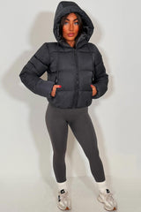 womens charcoal puffer jacket with hood styledup