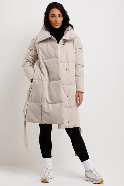 Women's Long Duvet Coat With Belt Beige Outerwear – Styledup.co.uk