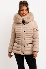 padded puffer jacket with faux fur hood styledup