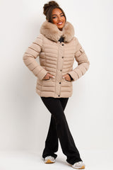 padded puffer quilted jacket with faux fur hood styledup
