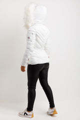 womens faux fur hood puffer padded jacket with belt