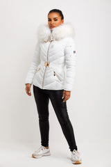 womens puffer jacket with fur hood white