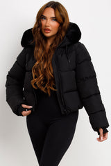 black padded puffer faux fur hooded jacket for womens