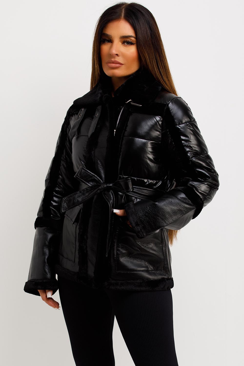 faux fur faux suede shiny padded jacket womens outerwear
