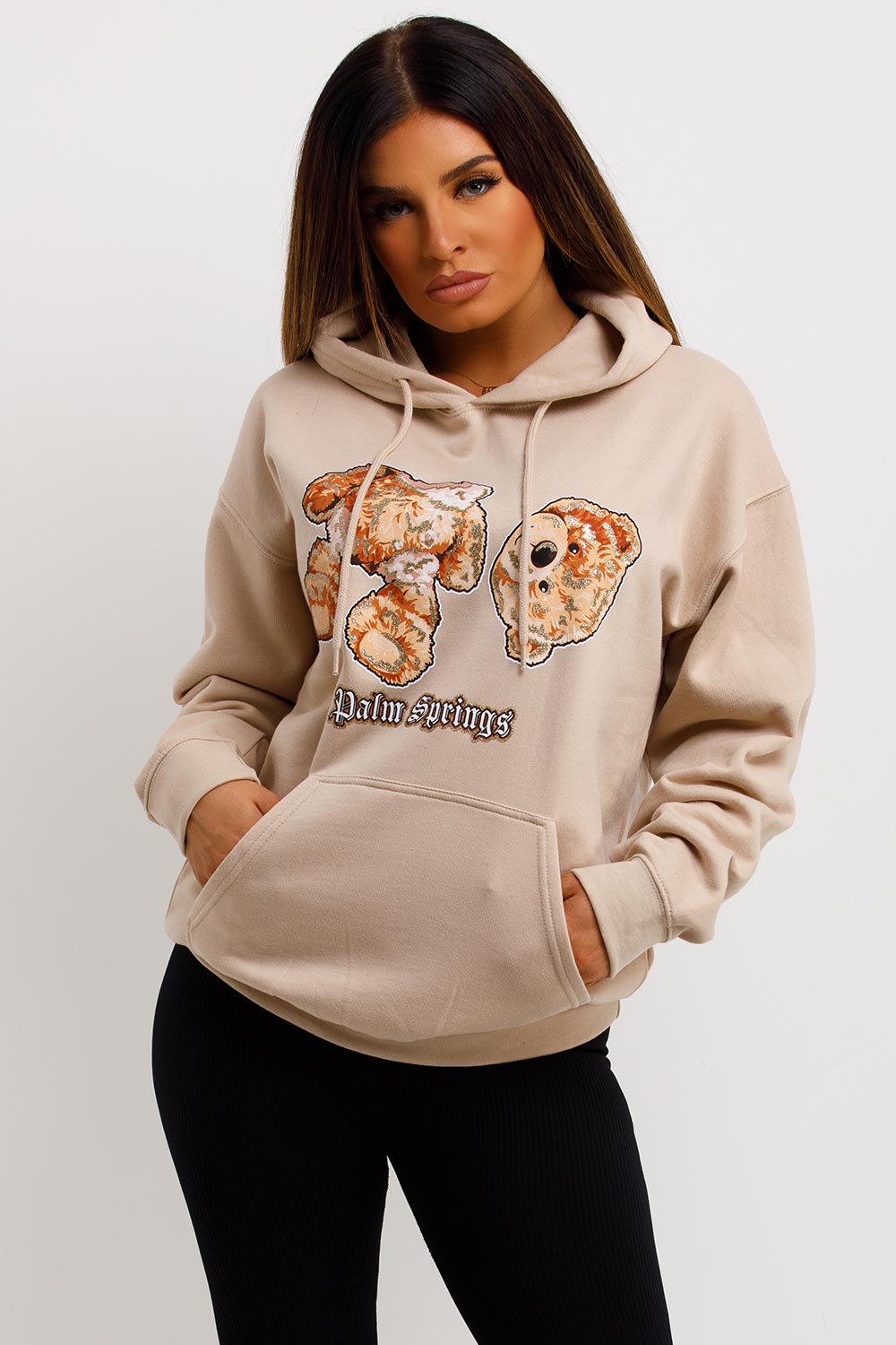 beige oversized teddy bear hoodie with palm springs graphics