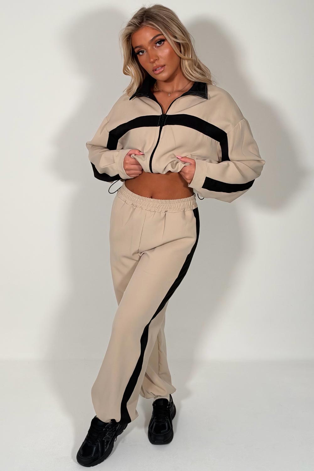 womens beige contrast panel color block zip up funnel neck lounge set tracksuit styledup uk
