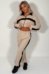 womens beige contrast panel color block zip up funnel neck lounge set tracksuit styledup uk