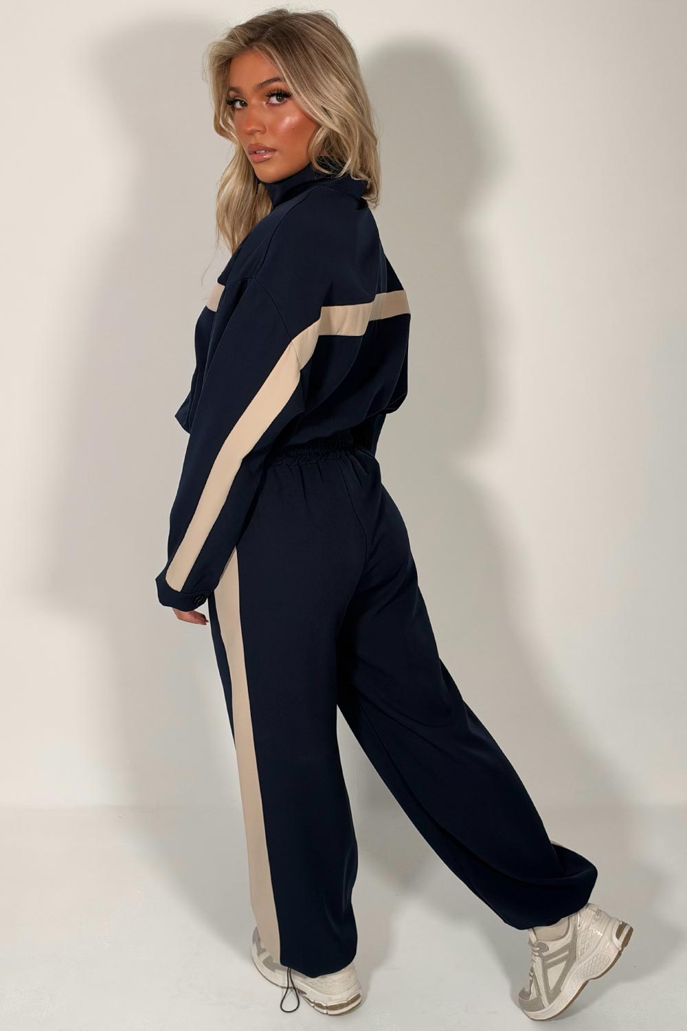 womens navy contrast panel color block zip up funnel neck jacket and trousers two piece co ord tracksuit set styledup uk