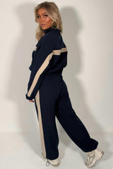 womens navy contrast panel color block zip up funnel neck jacket and trousers two piece co ord tracksuit set styledup uk