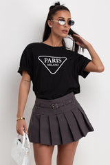 womens black t shirt with paris milano print airport outfit