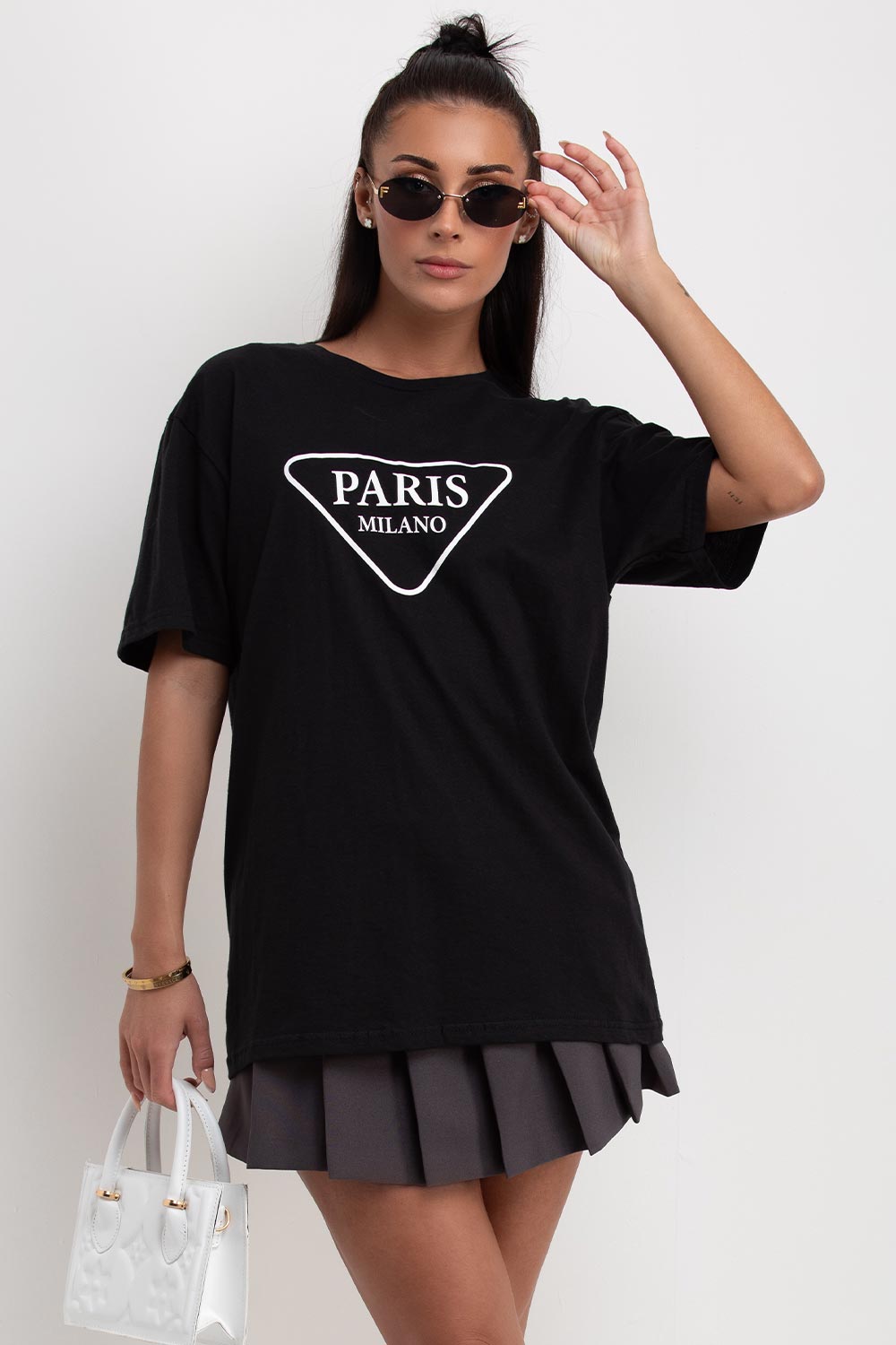 womens black oversized t shirt with paris milano print