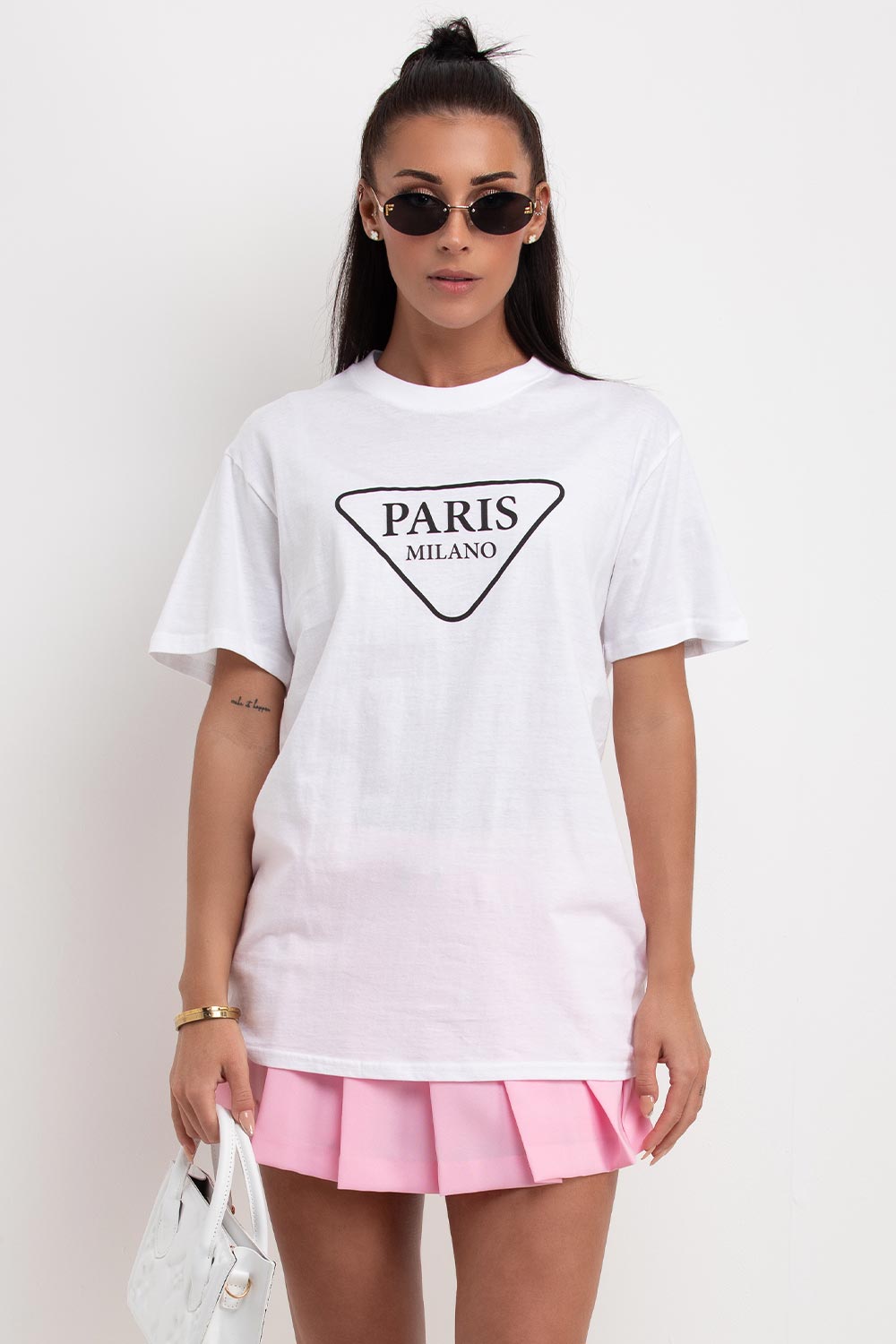 womens white t shirt with paris milano print casual summer outfit